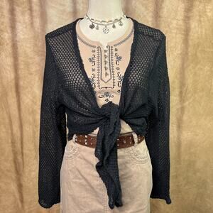 Y2k Crochet Knit Cardigan Sweater Black Tie Front Long Sleeve Indie Grunge Goth